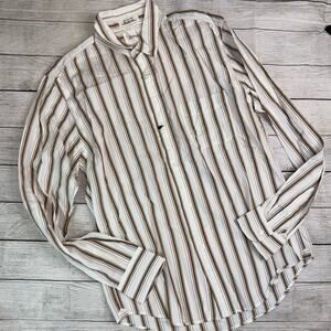 Shuttle Notes (Japan) NEW Ivory Brown Striped Textured Buttoned Shirt Medium